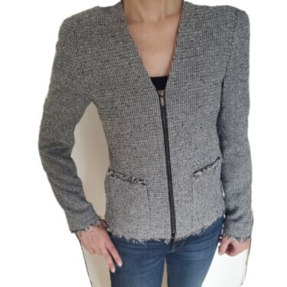 LK Bennett Nessa Jacket Blazer US2 Black Cream Tweed Wool blend w. zipper